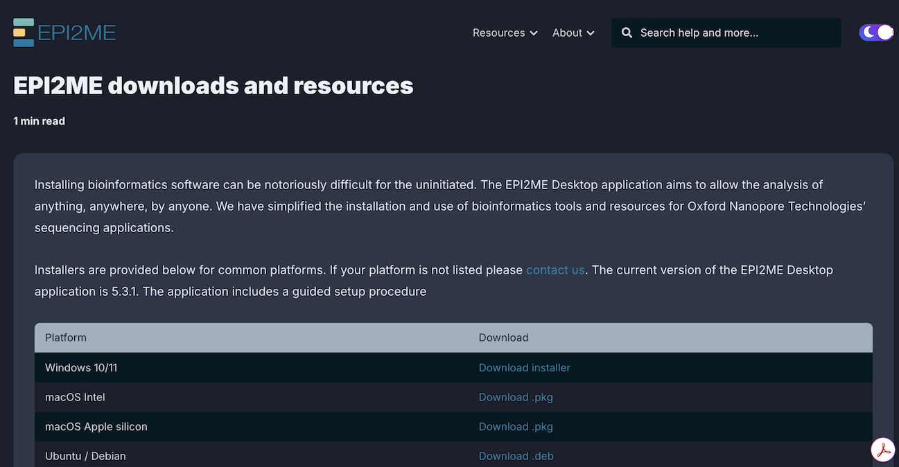 ONT's download page for EPI2ME.